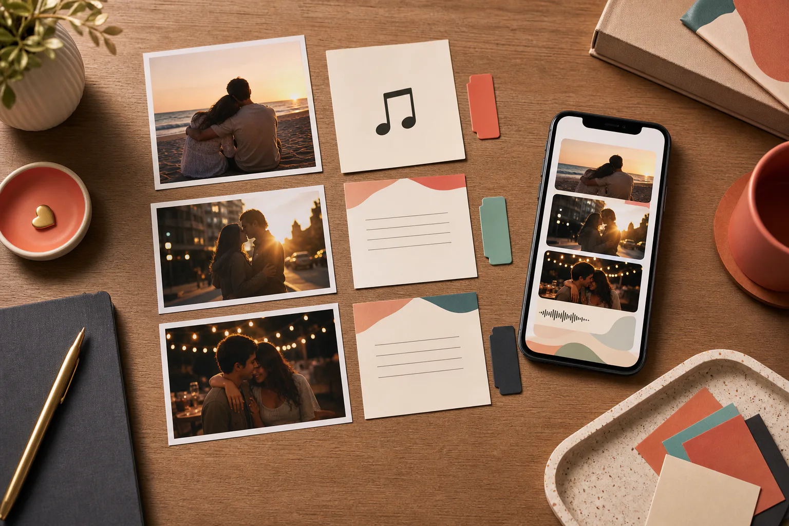 Fotos, sugestão de música e notas de mensagem organizadas como plano de presente digital.