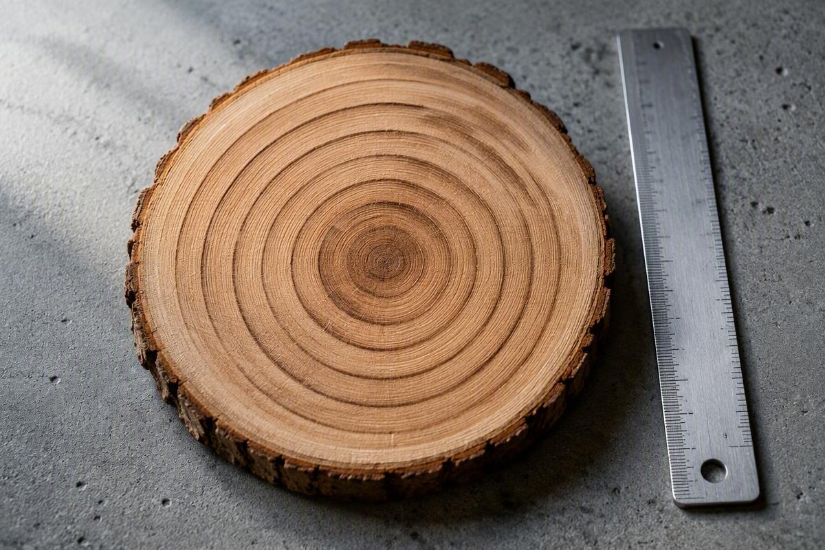 Tree trunk cross-section with ten visible annual growth rings beside a metal ruler.