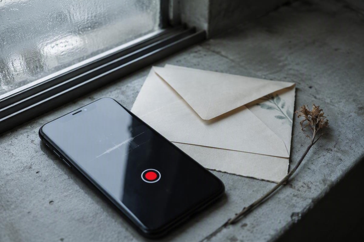Smartphone voice recorder screen next to a handwritten envelope and dried flower on a concrete windowsill