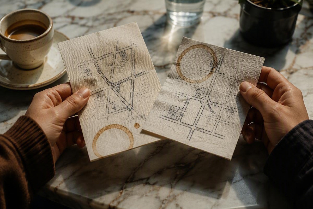A paper map marked with colorful enamel pins and two handwriting styles, shared between long-distance partners