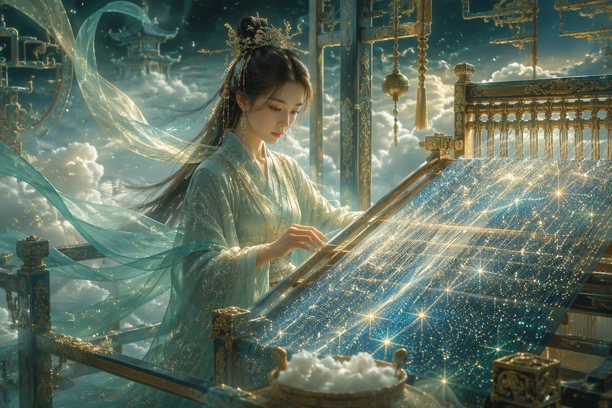 A celestial woman in flowing robes weaves glowing threads of starlight at an ancient loom surrounded by clouds.