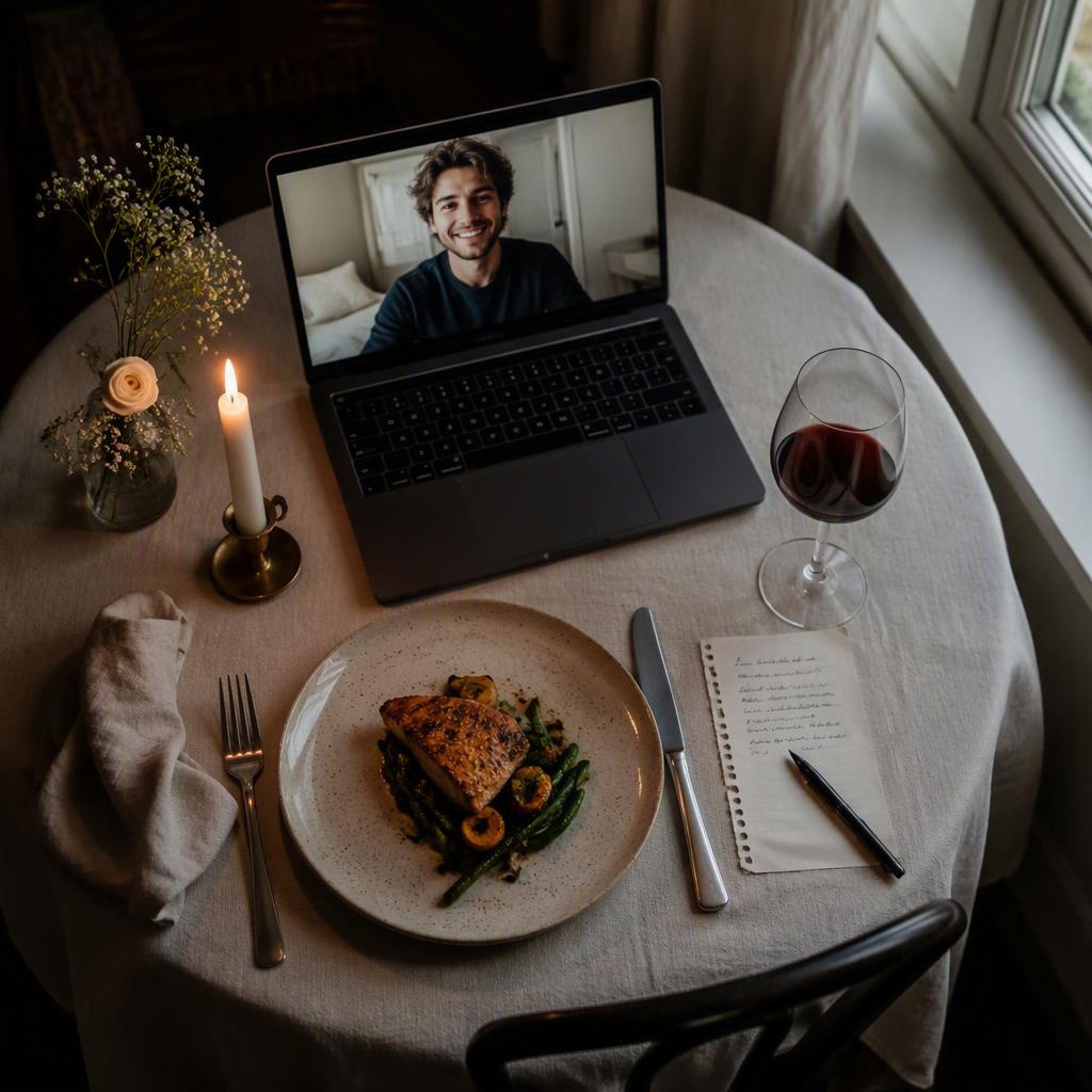 Couple in separate cities connecting through a shared digital moment