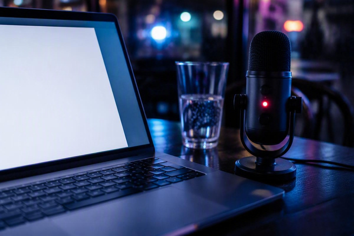 Close-up of a laptop with a glowing document open beside a small USB microphone with a red recording light on a café table.