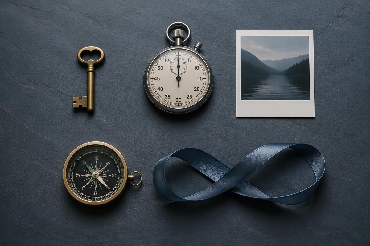 Five symbolic objects on a slate surface representing the ranking criteria: a key, stopwatch, polaroid, compass, and ribbon.