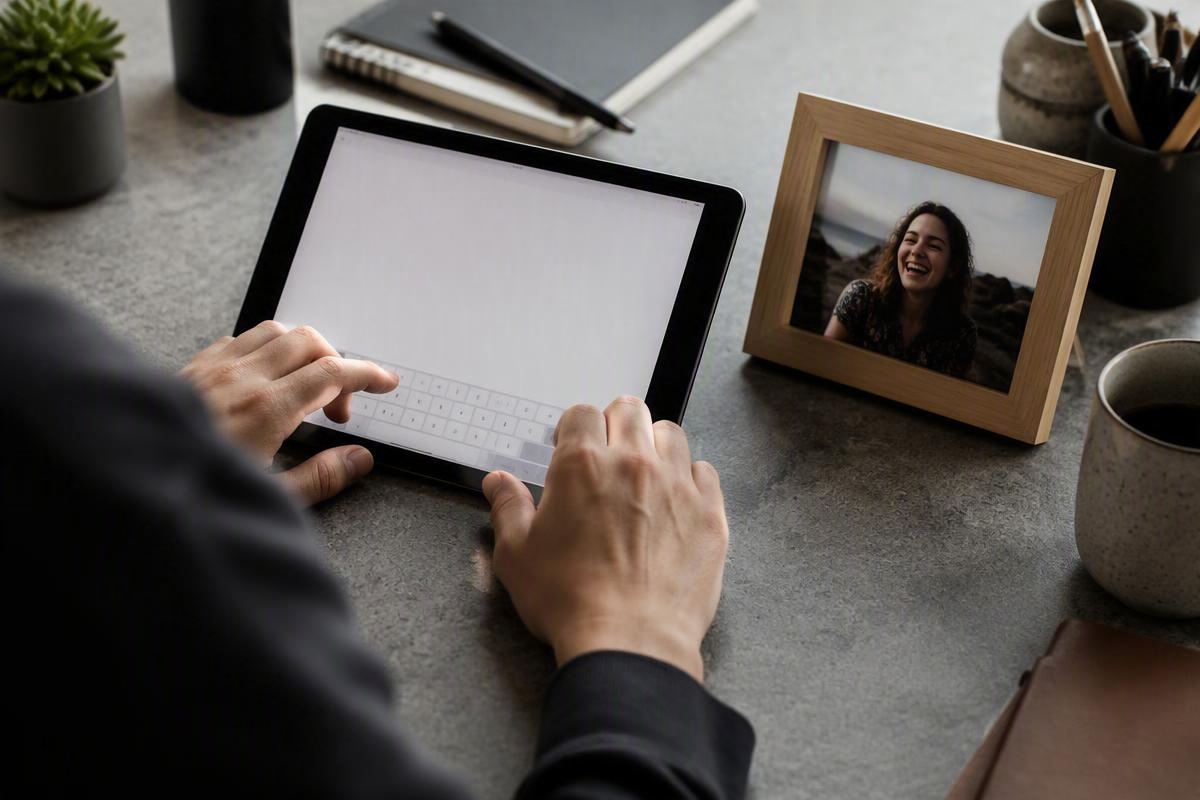 Close-up of hands typing a personal birthday message on a tablet next to a framed candid photo.