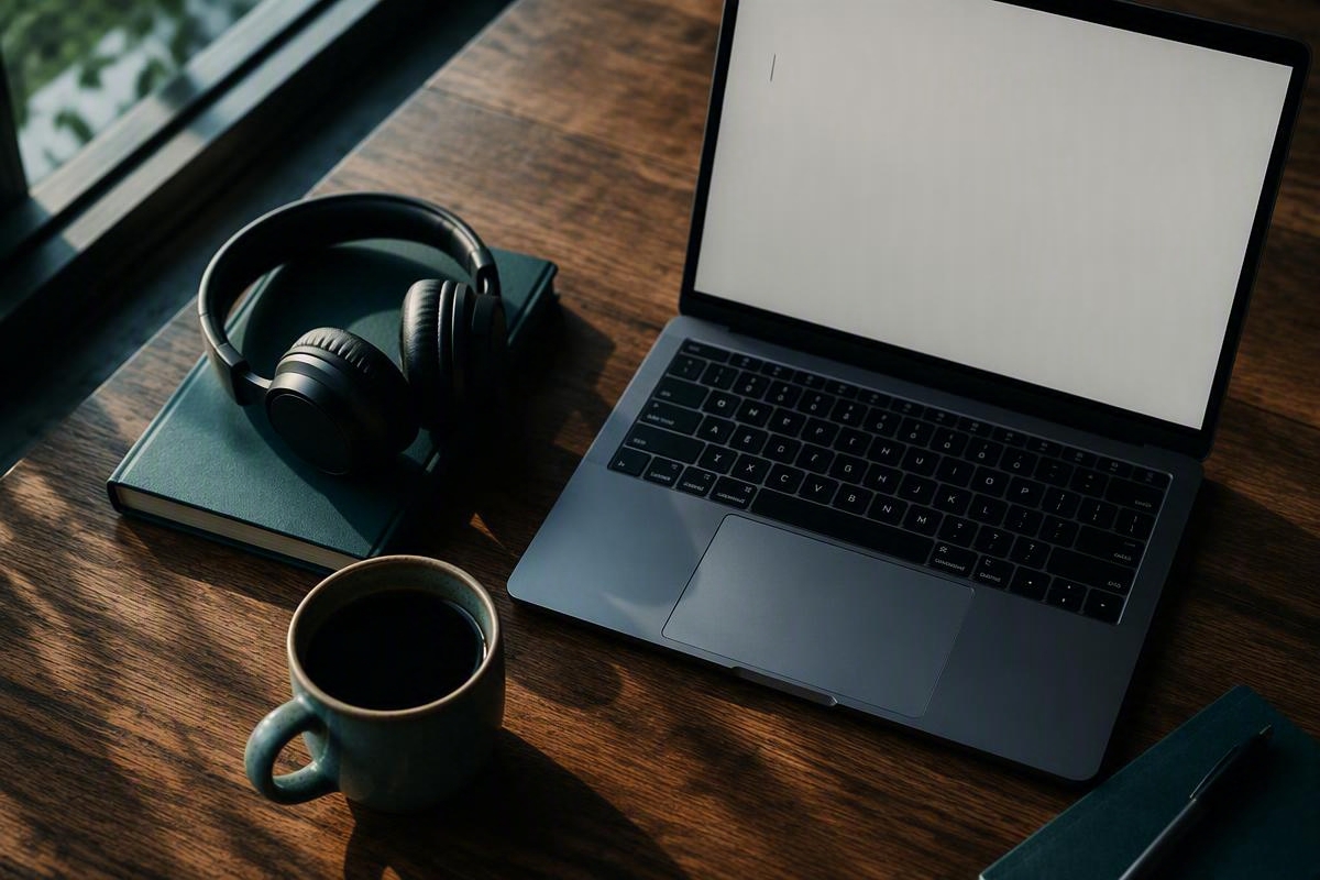 Overhead view of a desk with laptop showing a letter draft, headphones, notebook, and coffee cup in morning light