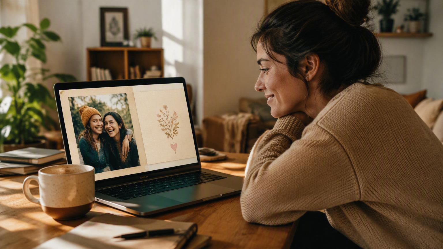 Person smiling at a laptop showing a personal birthday digital gift message and a photo memory in a sunlit room.