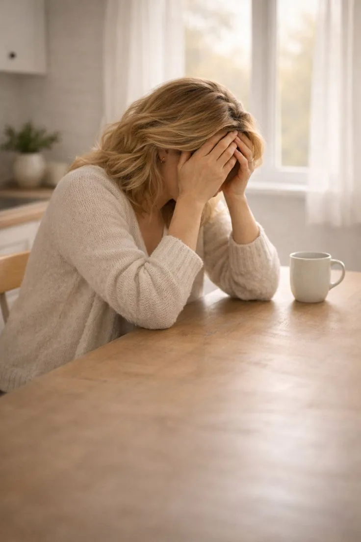 Blonde woman sitting at a table with her face in her hands beside a coffee mug, representing grief, stress, and emotional healing.