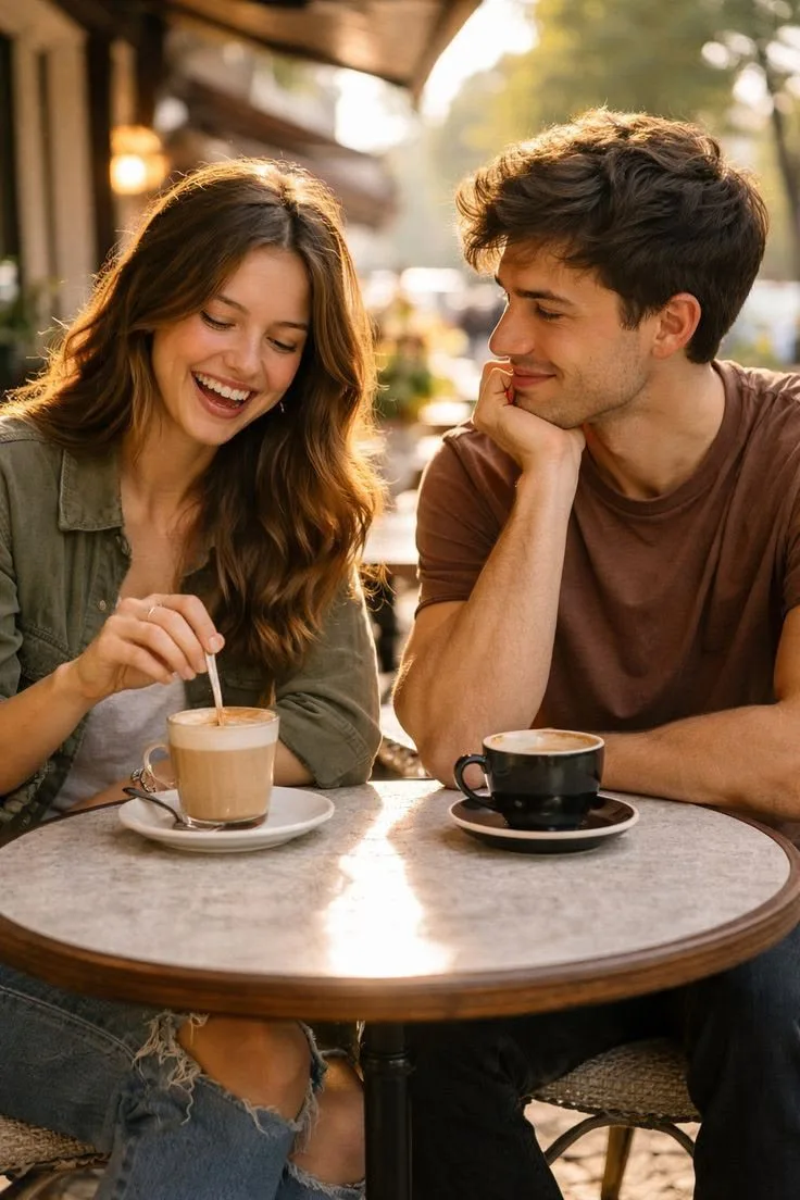 Young couple sitting at an outdoor cafe, smiling over coffee in a warm romantic setting.