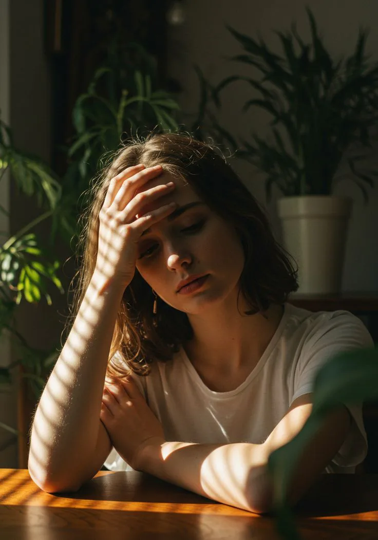 Young woman sitting thoughtfully at a table with sunlight and shadows, symbolizing healing, letting go of the past, and graduation renewal.