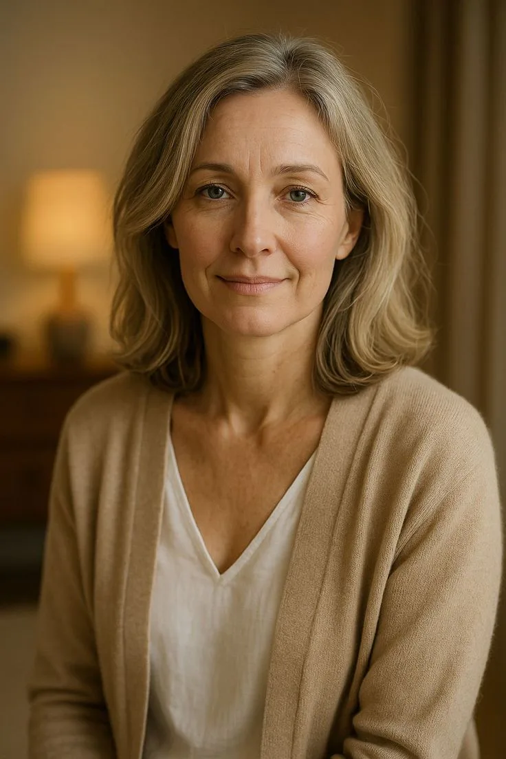 Thoughtful middle-aged woman in neutral clothing, representing mature love, self-knowledge, and emotional balance.