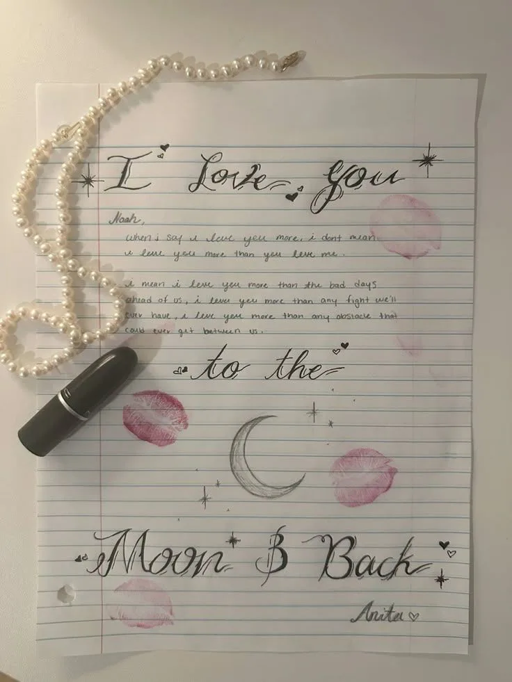 Handwritten love letter on lined paper with pearls, lipstick, and decorative writing saying I love you to the moon and back.