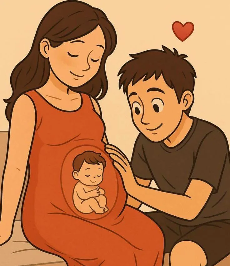 妊婦の女性とそのパートナーがお腹にやさしく手を添え、赤ちゃんのイラストが中に描かれている様子。