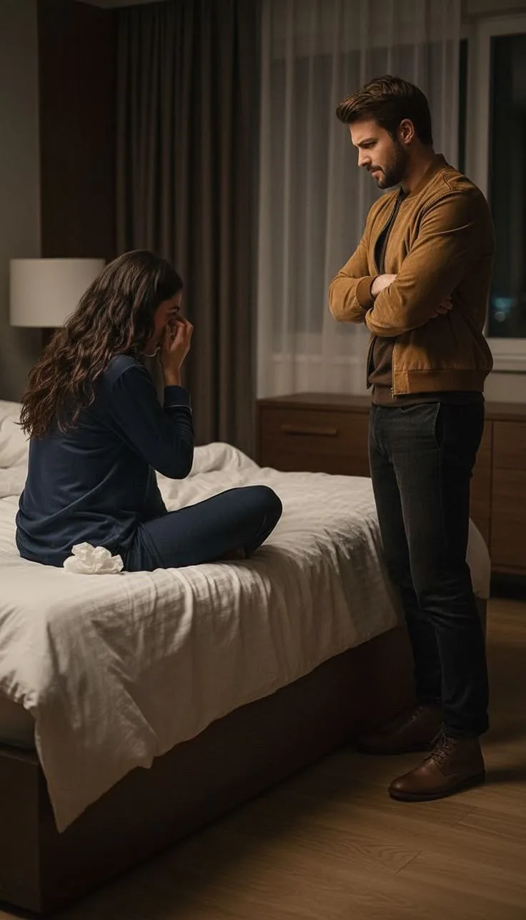 Couple in a bedroom after a serious disagreement, with one partner crying and the other standing silently, showing emotional strain and unresolved conflict.