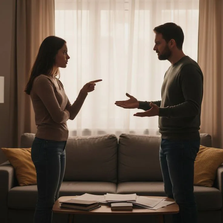 Man and woman arguing in a living room with tense hand gestures, representing relationship stress and unresolved conflict.