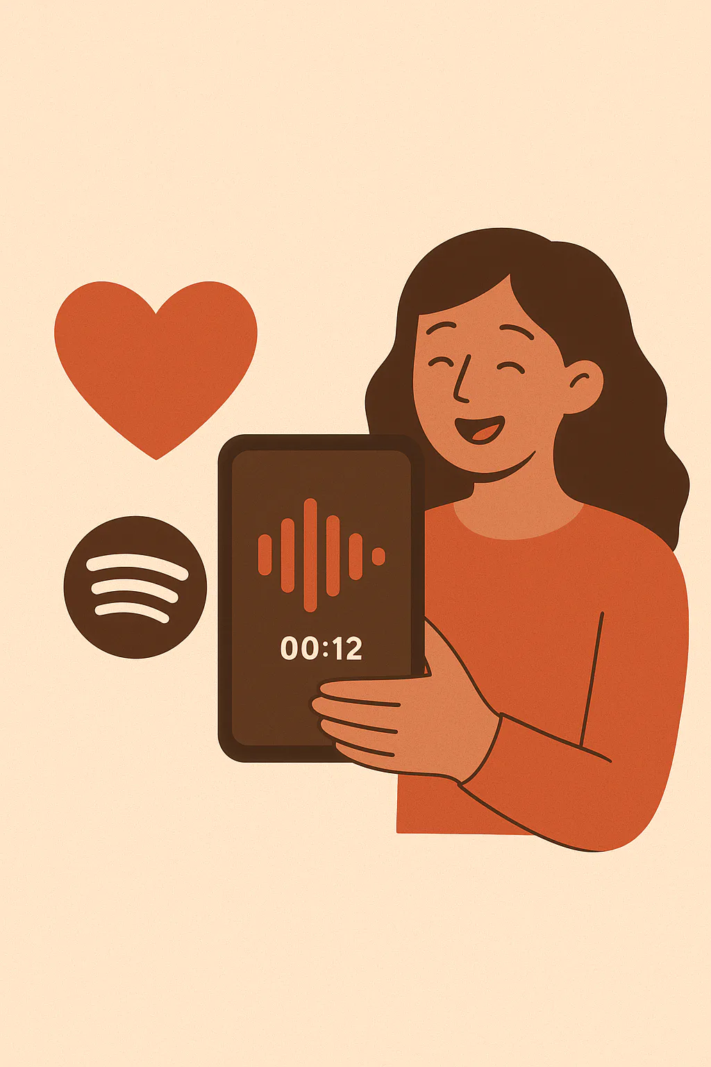 Illustration of a smiling woman holding a phone with a voice message waveform and heart icon, representing a heartfelt voice message for mom.