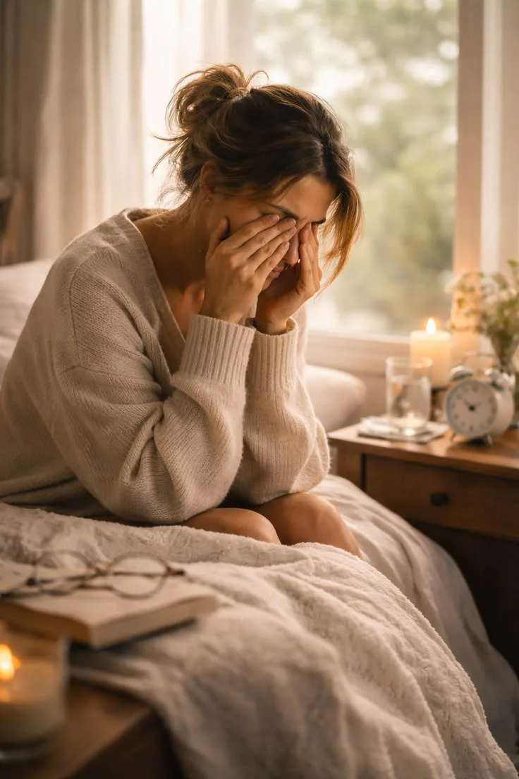 Woman sitting on a bed with her face in her hands, expressing emotional stress, vulnerability, and inner struggle.