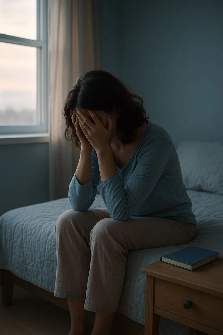 A woman sitting alone on a bed with her face in her hands, expressing loneliness, emotional overwhelm, and the need for support from a friend.