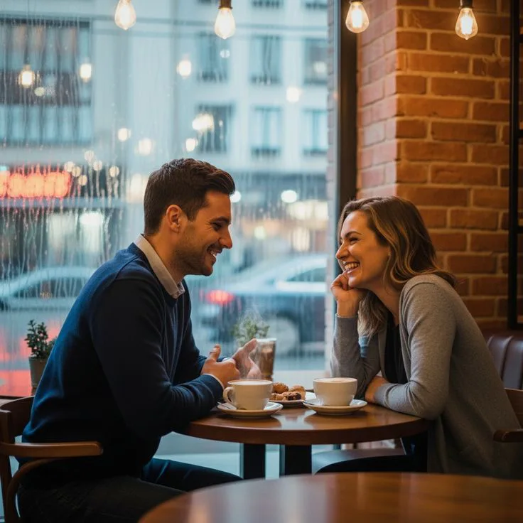 A smiling couple talking over coffee in a cafe, symbolizing encouragement, fresh beginnings, and a hopeful future after graduation.